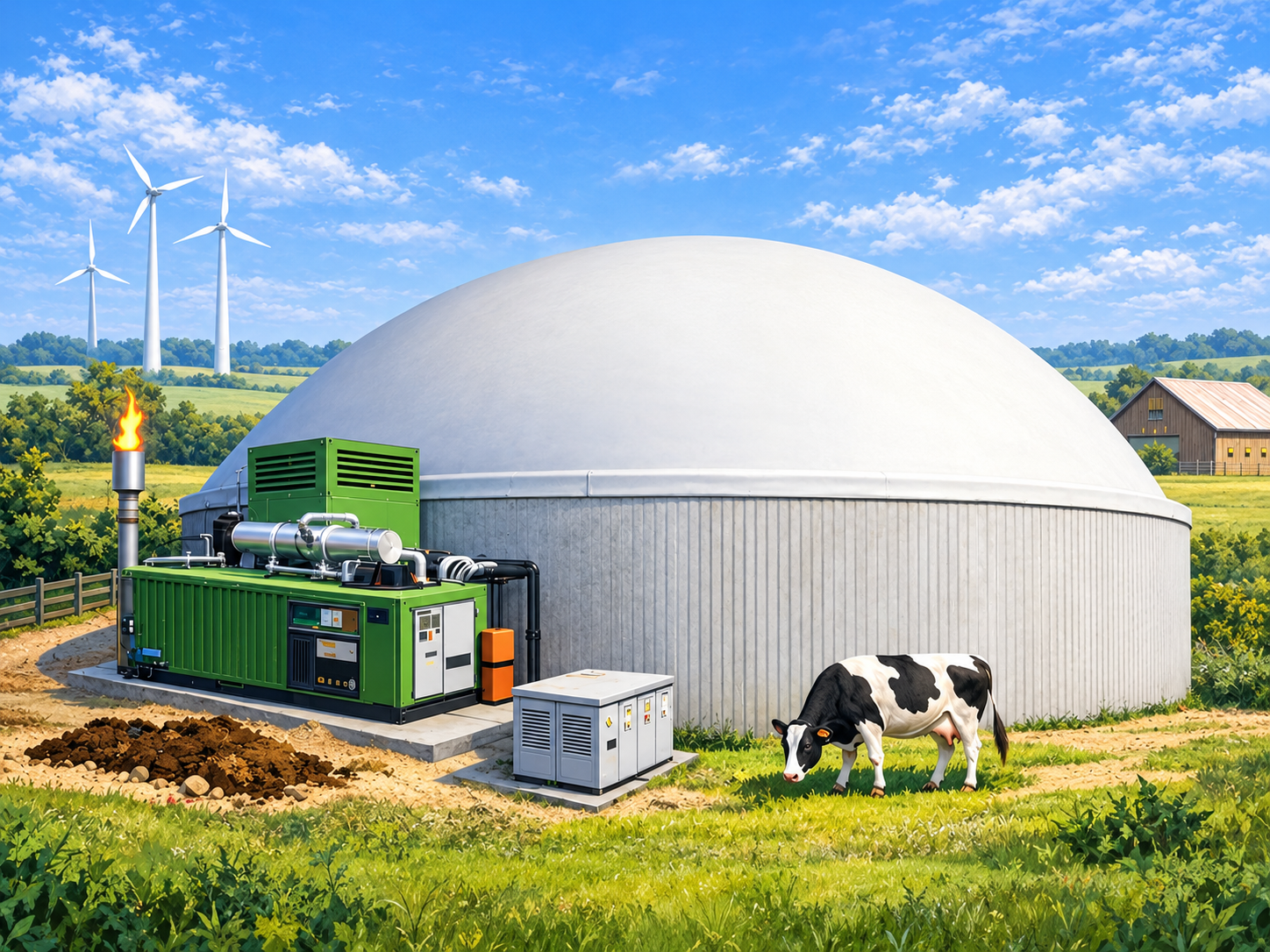 Concept illustration of a manure digester with CHP